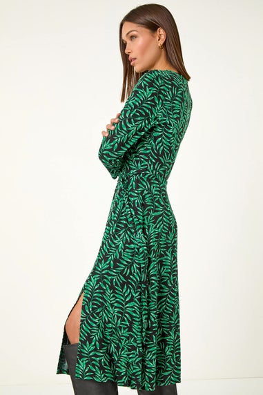 Roman Green Leaf Print Stretch Belted Dress