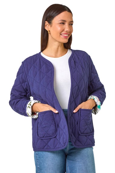 Roman Navy Floral Print Lining Cotton Quilted Jacket