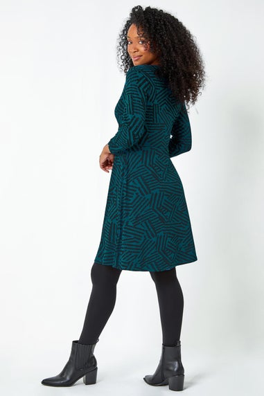 Roman Teal Petite Mock Wrap Abstract Stretch Dress