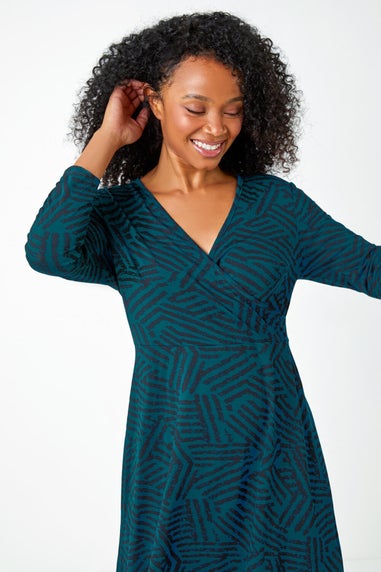 Roman Teal Petite Mock Wrap Abstract Stretch Dress