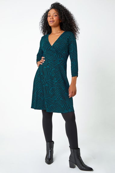 Roman Teal Petite Mock Wrap Abstract Stretch Dress