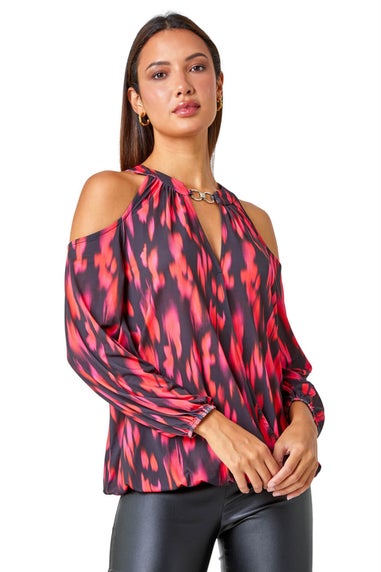 Roman Fuchsia Abstract Print Cold Shoulder Stretch Top