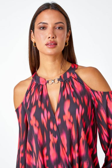 Roman Fuchsia Abstract Print Cold Shoulder Stretch Top