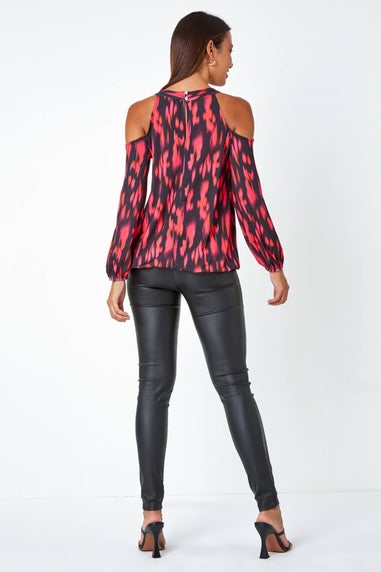 Roman Fuchsia Abstract Print Cold Shoulder Stretch Top