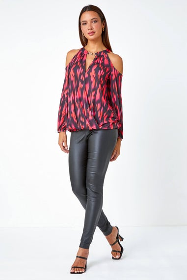 Roman Fuchsia Abstract Print Cold Shoulder Stretch Top