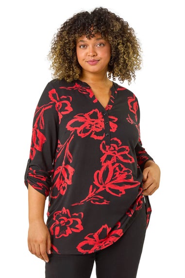 Roman Red Curve Stretch Jersey Floral Top