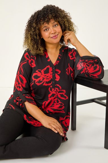 Roman Red Curve Stretch Jersey Floral Top