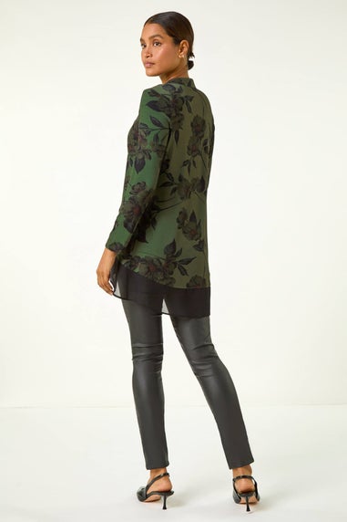 Roman Dark Green Floral Chiffon Hem Blouse