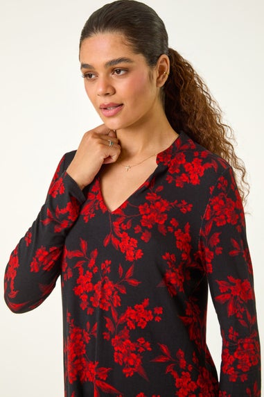 Roman Red Floral Chiffon Hem Blouse