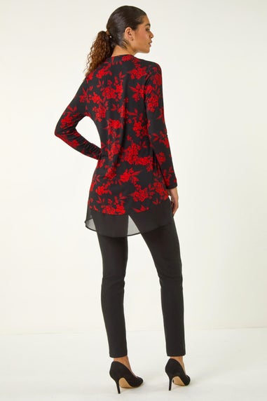 Roman Red Floral Chiffon Hem Blouse