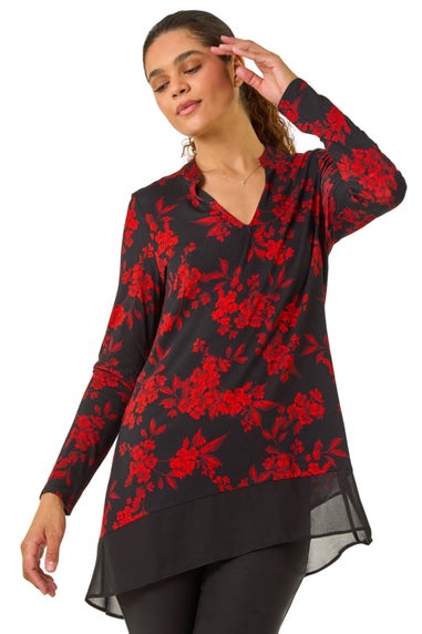 Roman Red Floral Chiffon Hem Blouse