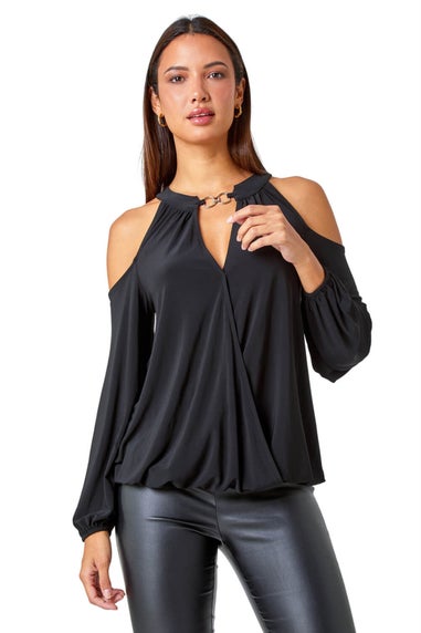 Roman Black  V-Neck Cold Shoulder Wrap Stretch Top