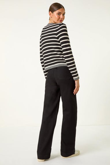 Roman Black Textured Stripe Print Pocket Cardigan