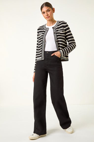 Roman Black Textured Stripe Print Pocket Cardigan