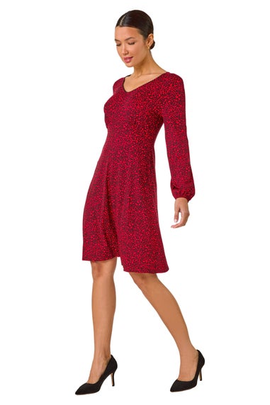 Roman Red Ditsy Floral Print Lace Trim Stretch Dress