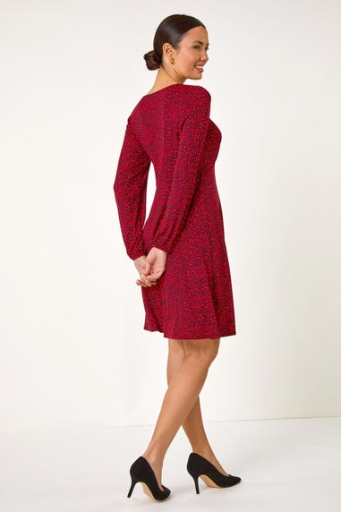 Roman Red Ditsy Floral Print Lace Trim Stretch Dress