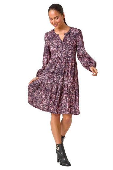 Roman Navy Petite Paisley Tiered Stretch Dress