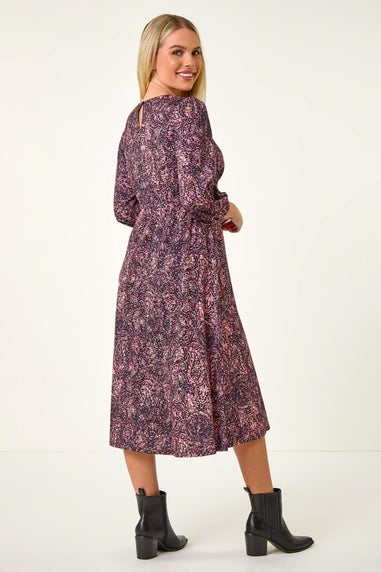 Roman Navy Petite Paisley Stretch Midi Dress