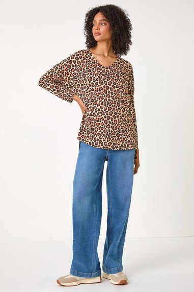 Roman Natural Animal Print V-Neck Tunic Stretch Top