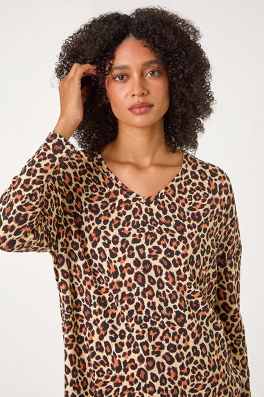 Roman Natural Animal Print V-Neck Tunic Stretch Top