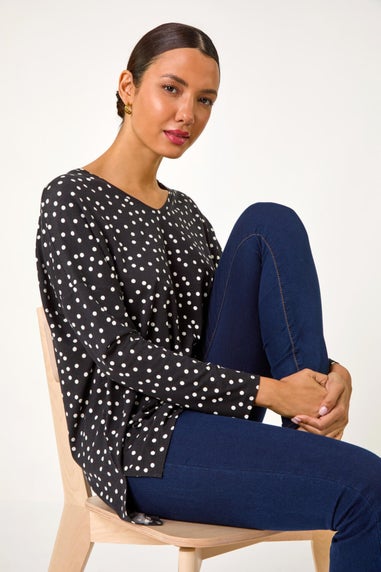 Roman Black Spot Print Stretch Tunic Top