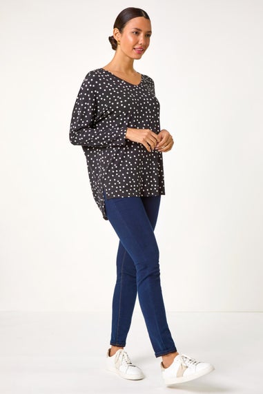 Roman Black Spot Print Stretch Tunic Top