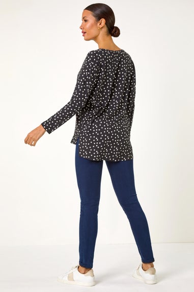 Roman Black Spot Print Stretch Tunic Top