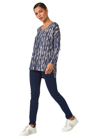 Roman Navy Abstract Print V-Neck Tunic Stretch Top