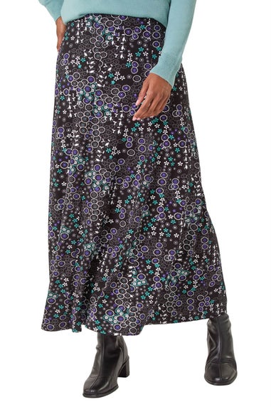 Roman Blue Ditsy Floral Print Stretch Midi Skirt