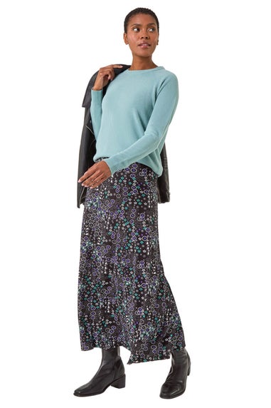 Roman Blue Ditsy Floral Print Stretch Midi Skirt