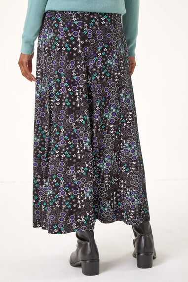 Roman Blue Ditsy Floral Print Stretch Midi Skirt