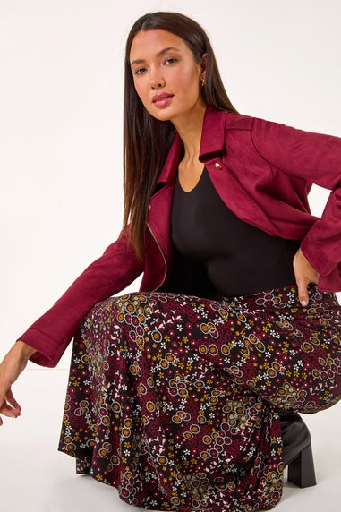 Roman Red Ditsy Floral Print Stretch Midi Skirt