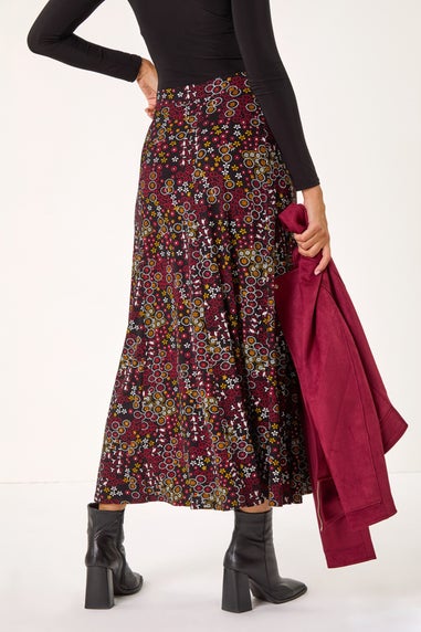 Roman Red Ditsy Floral Print Stretch Midi Skirt