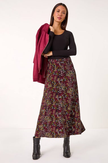 Roman Red Ditsy Floral Print Stretch Midi Skirt