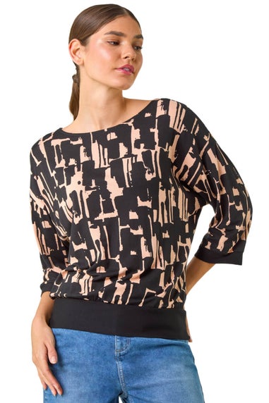 Roman Black Abstract Banded Hem Stretch Top