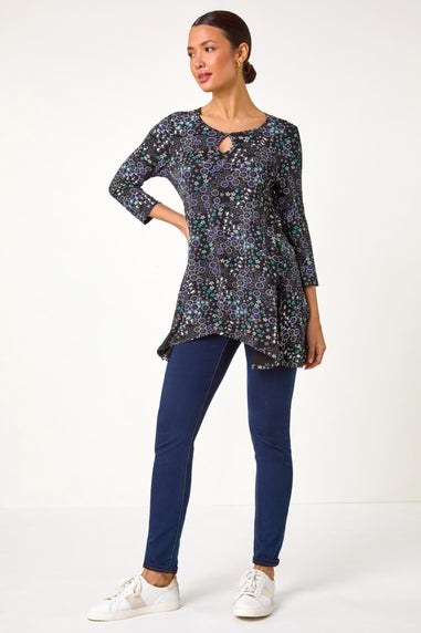 Roman Blue Abstract Circle Print Cutout Tunic Top