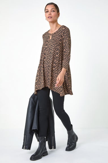 Roman Tan Abstract Linear Print Cutout Tunic Top