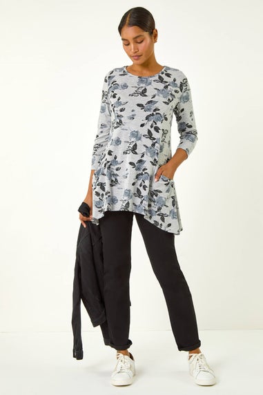 Roman Grey Floral Print Pocket Detail Tunic Stretch Top