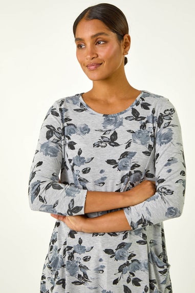 Roman Grey Floral Print Pocket Detail Tunic Stretch Top