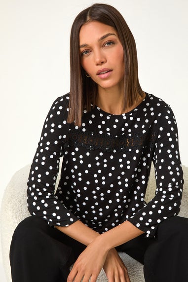 Roman Black Spot Print Lace Trim Stretch Top