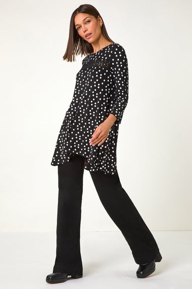 Roman Black Spot Print Lace Trim Stretch Top