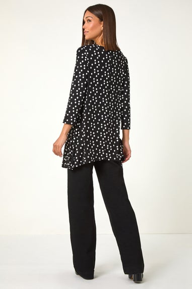 Roman Black Spot Print Lace Trim Stretch Top