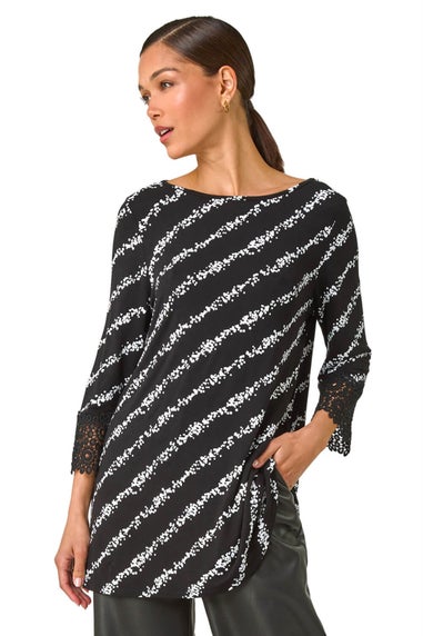 Roman Black Spot Stripe Lace Trim Stretch Top