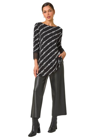 Roman Black Spot Stripe Lace Trim Stretch Top