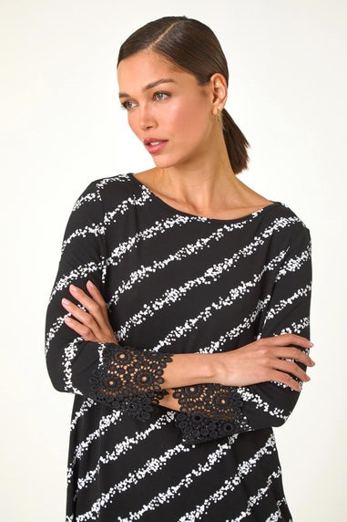 Roman Black Spot Stripe Lace Trim Stretch Top