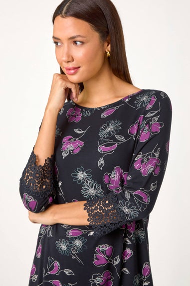 Roman Black Floral Print Lace Detail Stretch Top