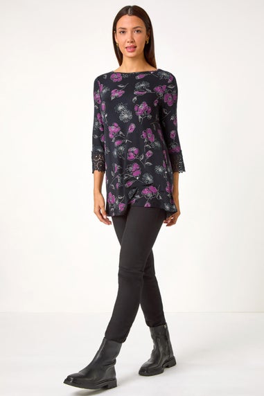 Roman Black Floral Print Lace Detail Stretch Top