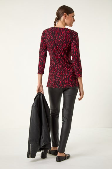 Roman Red Abstract Spot V-Neck Twist Front Top