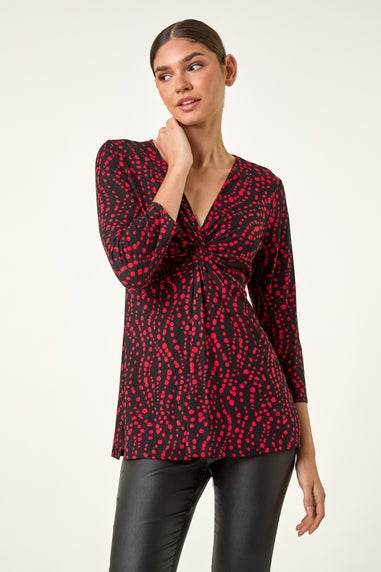 Roman Red Abstract Spot V-Neck Twist Front Top