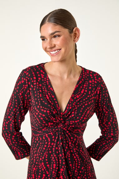 Roman Red Abstract Spot V-Neck Twist Front Top